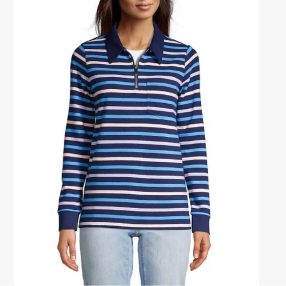 Lands' End Deep Sea Navy Pink Stripe Zip-Front Collared Long-Sleeve Top Size XS - Picture 1 of 6